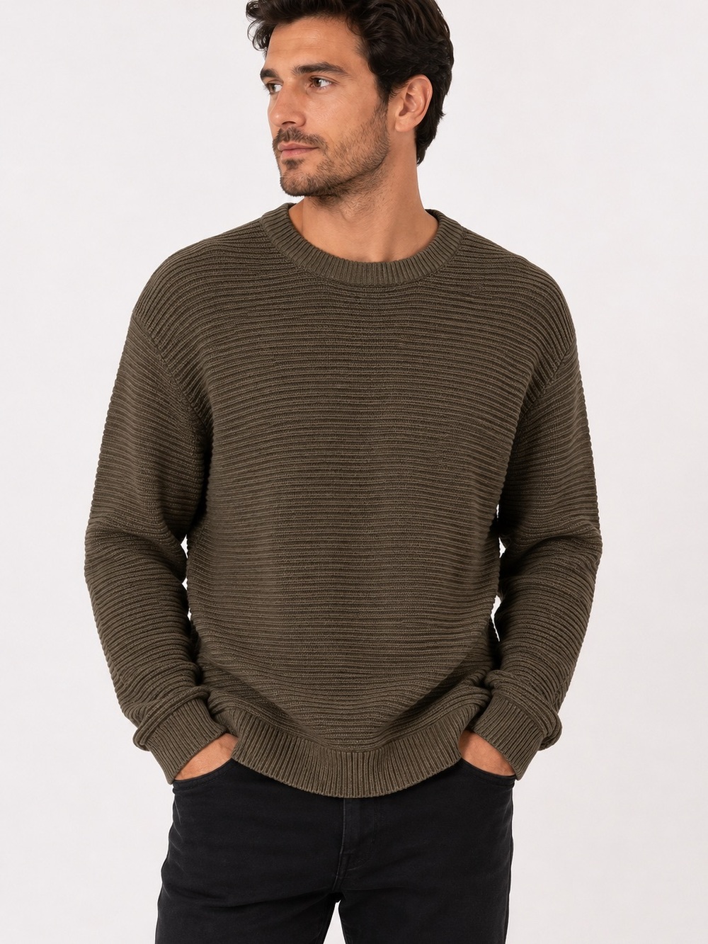 H&M Olive Ribbed Crewneck Sweater
